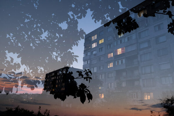 Beautiful artwork of block building in Bulgaria, taken at sunset, fine art shippers article.